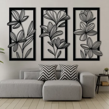 Floral 3 Panel Wall Hanging, Minimalist Floral Metal Art, Metal Wall Art, Exclusive Metal Decor